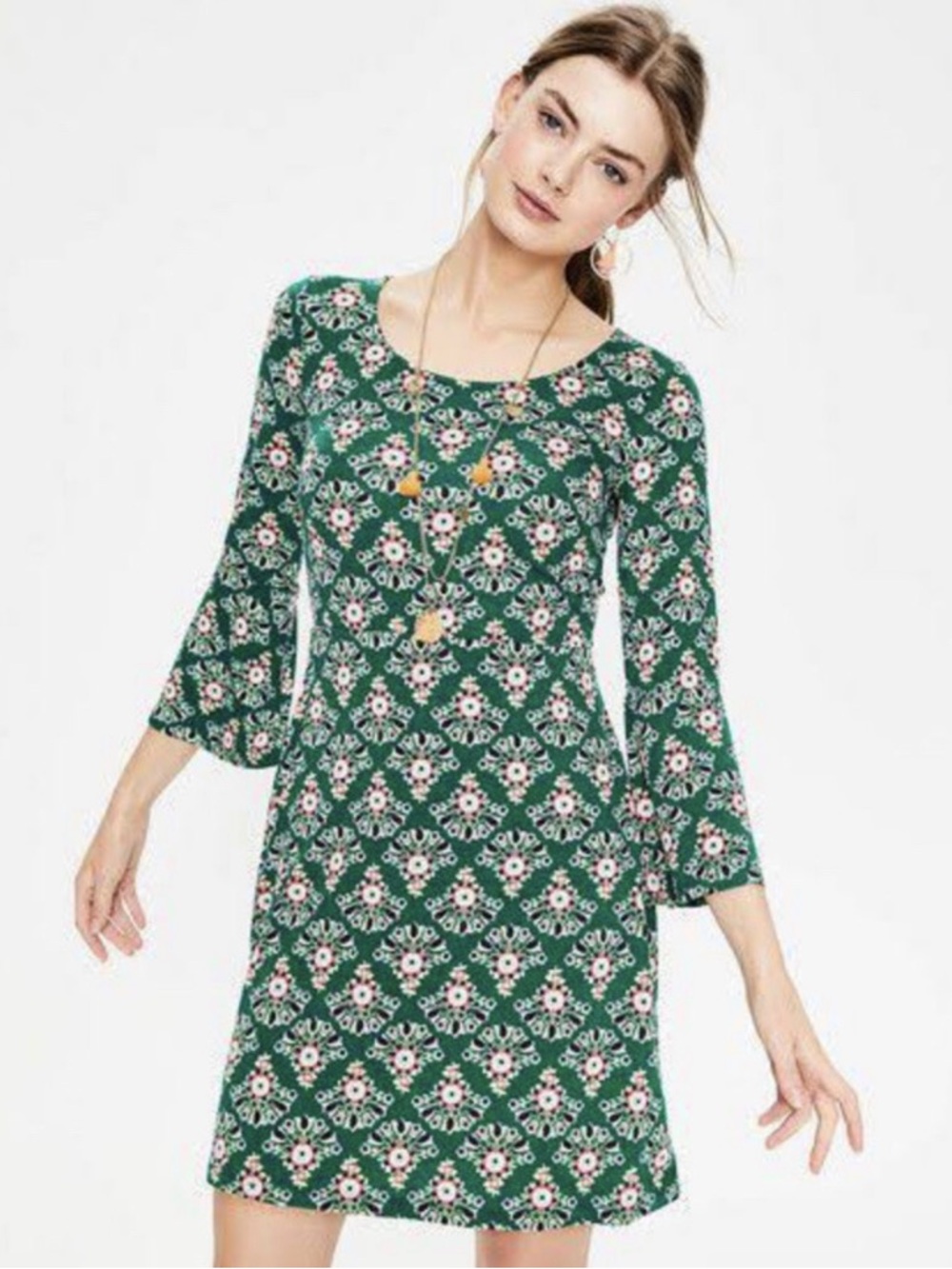 Boden Miriam Green Bell Sleeve Floral Print stretch mini dress.Size 6